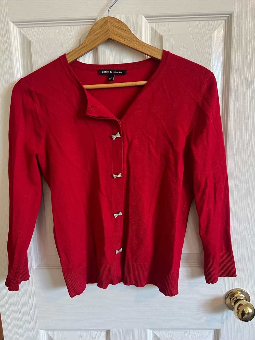 Cable & Gauge Bright Red Bow-Button Cardigan